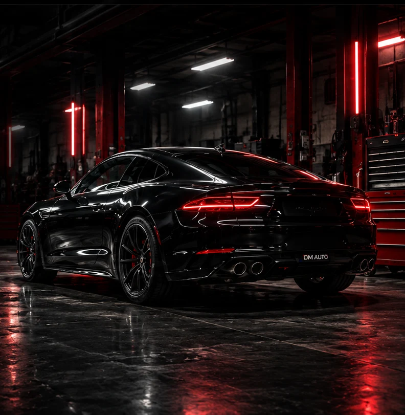 Voiture noire sportive dans l'atelier DM AUTO à Cestas